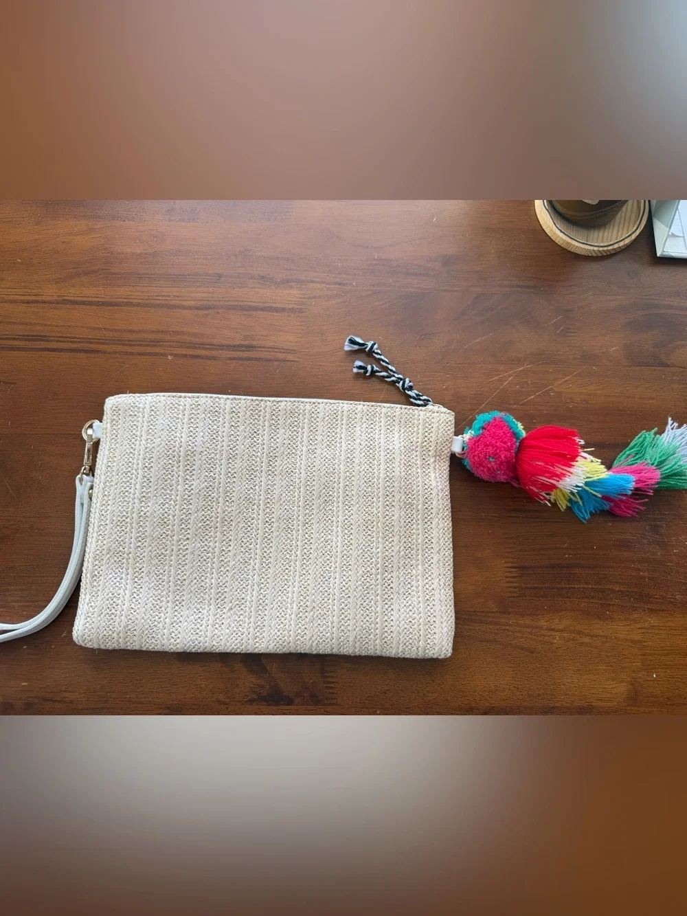 Melie Bianco Cream Knit Zip Pouch with Black Script